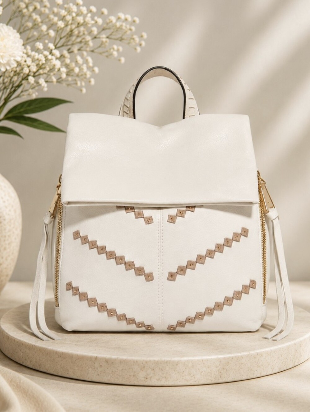 Aimee Kestenberg White Leather Backpack with Gold Stud Accents